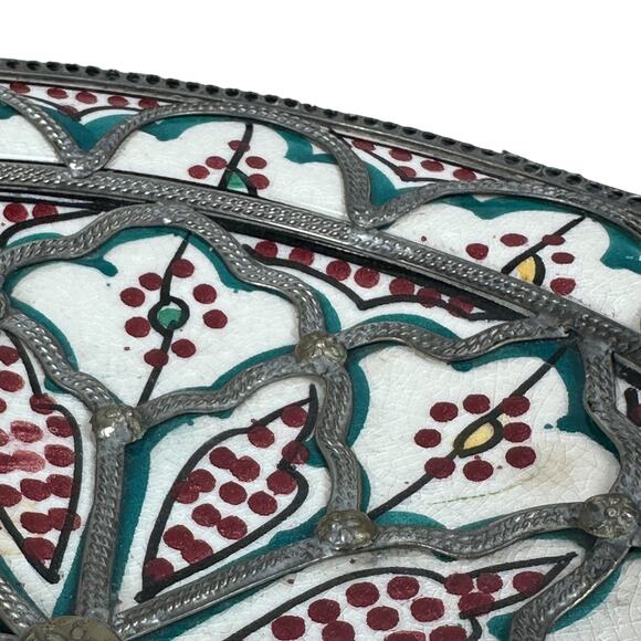 Vintage Moroccan Hand-Painted Shallow Bowl Nickel Detailing Handmade Wall Decor - Picture 6 of 10